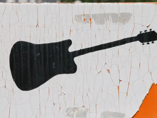 Czarna sylwetka gitary elektrycznej na białym, popękanym tle. Wyobraź sobie rockowy koncert i wirtuoza grającego na tym instrumencie.