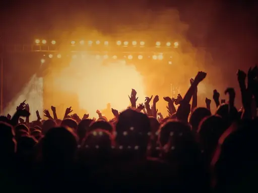 Tłum ludzi z rękami w górze, świętujący koncert. W tle scena z oświetleniem, tworząca atmosferę amerykańskiego stylu w muzyce.