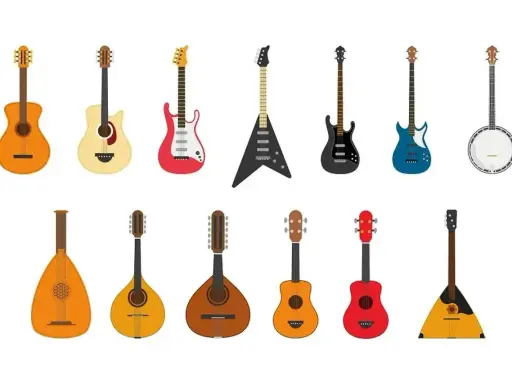 Różnorodne instrumenty strunowe: gitary akustyczne, elektryczne, basowe, banjo, lutnia, mandolina, balalajka.