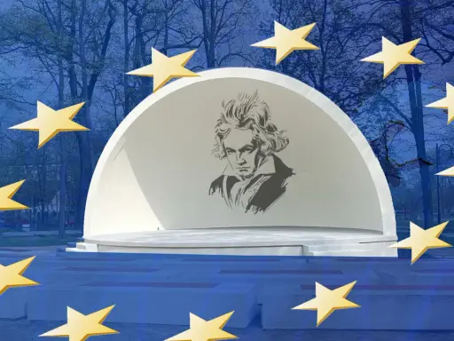 Beethoven, kompozytor Ody do radości, na tle sceny plenerowej otoczonej gwiazdami.