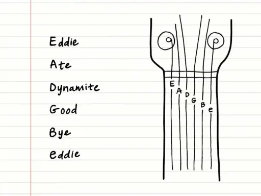 Schemat główki gitary z oznaczeniami strun: E, A, D, G, B, e. Pomocne w zapamiętywaniu: "Eddie Ate Dynamite, Good Bye Eddie".