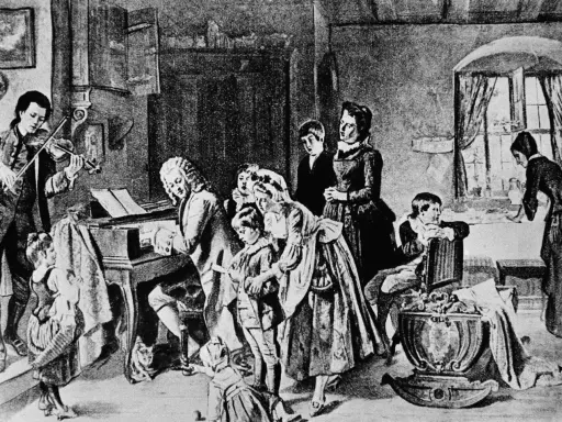 Johann Sebastian Bach z dziećmi w muzycznym domu. Syn gra na skrzypcach, ojciec przy klawikordzie, a reszta rodziny słucha.