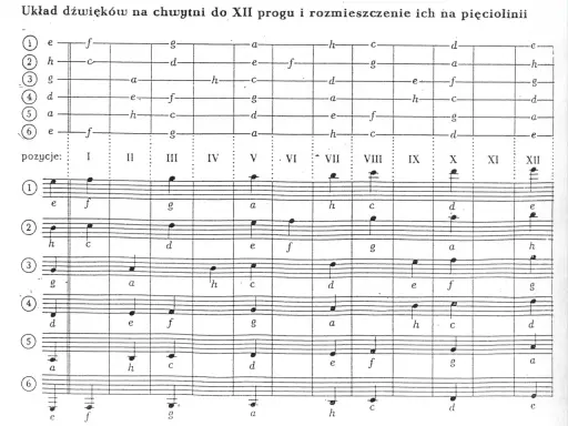 Diagram przedstawiający rozmieszczenie dźwięków na gryfie instrumentu, z nutacją muzyczną na pięciolinii.