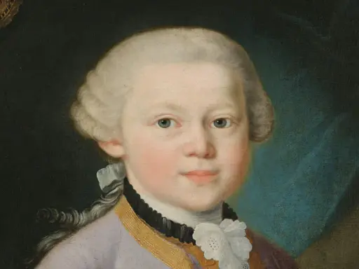 Portret młodego Wolfganga Amadeusza Mozarta w peruce i eleganckim stroju.