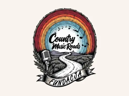 Logo Fundacji "Country Music Roads" z tęczą, drogą, mikrofonem i nutami. Promuje muzyka country wykonawcy.