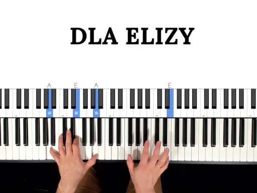 Nauka gry na keyboardzie: "Dla Elizy" z podświetlonymi klawiszami A i E. Dłonie ćwiczą akordy.