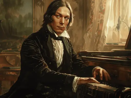Młody mężczyzna gra na fortepianie, tworząc swoje słynne robert schumann utwory.