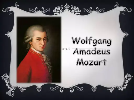 Portret Wolfganga Amadeusza Mozarta w czerwonym stroju, z siwą peruką. Obok widnieje jego imię i nazwisko.