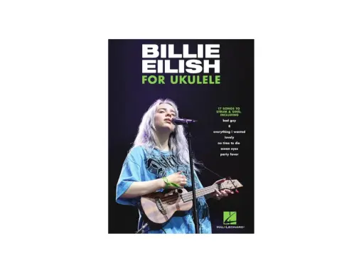 Billie Eilish z ukulele na okładce podręcznika "Billie Eilish for Ukulele".