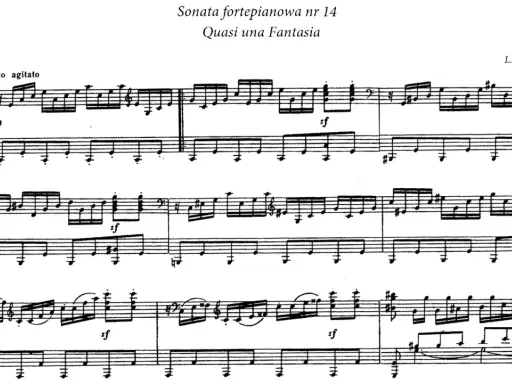 Fragment partytury fortepianowej Beethovena, "Quasi una Fantasia". Widoczna dynamika w muzyce, od piano (p) do forte (sf).