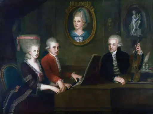 Portret rodziny Mozarta: Leopold, Wolfgang i Nannerl przy klawesynie. W tle portret Anny Marii Pertl.