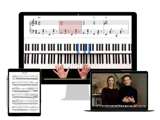 Nauka gry na pianinie z wykorzystaniem ozdobników muzycznych. Na ekranach widać nuty, klawiaturę i lekcję wideo.