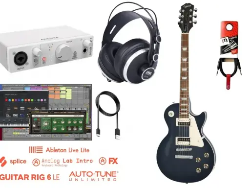 Zestaw do nagrywania gitary: gitara, interfejs audio, słuchawki, kable i oprogramowanie. Dowiedz się, jak ustawić wzmacniacz gitarowy w domowym studio.