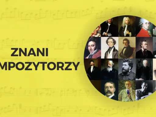 Kolaż portretów najsłynniejszych kompozytorów, od Bacha po współczesnych, na tle nut.