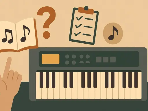 Ręka wskazuje na nuty w książce, obok keyboardu. Zastanawiasz się, jak podpisać klawisze na keyboardzie?