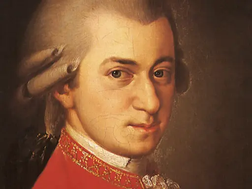Portret Wolfganga Amadeusza Mozarta w czerwonym stroju. Wyobraźmy sobie, że to on opowiadał historie o swoich dzieciach.