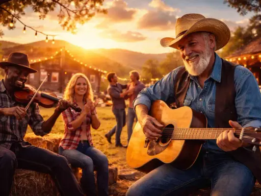 Wieczorna biesiada z muzyką country. Mężczyzna gra na gitarze, obok skrzypek, a w tle tańcząca para.