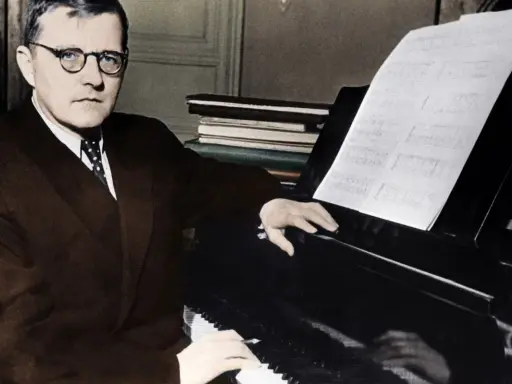 Dmitri Shostakovich, w okularach i garniturze, siedzi przy fortepianie, z nutami przed sobą.