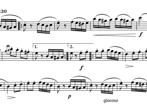 Allegretto, 120 BPM. Dzieło muzyczne dla skrzypiec, pełne szybkich, radosnych nut, z dynamicznymi zmianami od forte do piano.