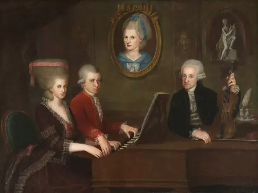 Portret rodziny Mozarta przy fortepianie. Choć obraz nie odpowiada na pytanie, na co zmarł Mozart, ukazuje jego talent muzyczny.