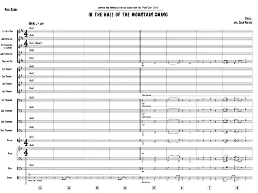 Partytura w muzyce to zapis nutowy dla big bandu, pokazujący "In the Hall of the Mountain Swing". Widać tu instrumenty: saksofony, trąbki, puzony, gitarę, pianino, bas i perkusję.
