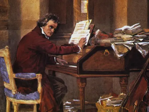 Beethoven, który kompozytor był głuchy, siedzi przy fortepianie, otoczony nutami i książkami.
