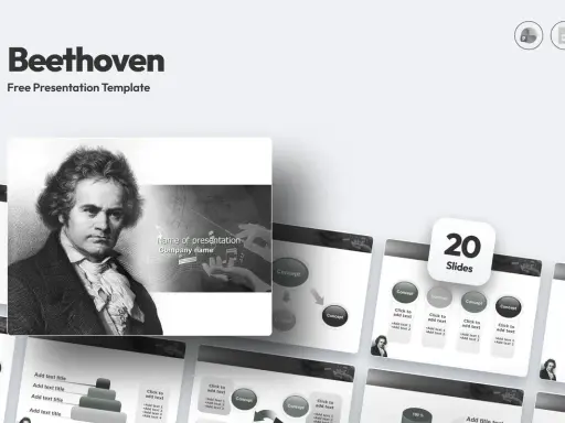 Szablon prezentacji "Beethoven" z portretem kompozytora i elementami graficznymi nawiązującymi do muzyki.