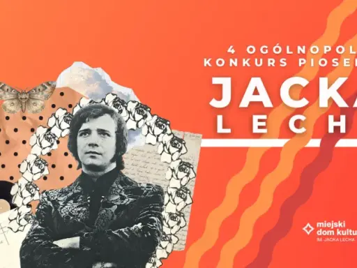 4. Ogólnopolski Konkurs Piosenek Jacka Lecha. Kolaż z portretem artysty, ćmą, różami i nutami.