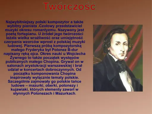 Portret Fryderyka Chopina, wybitnego polskiego kompozytora i pianisty, poety fortepianu, którego twórczość czerpała z polskiej muzyki ludowej.