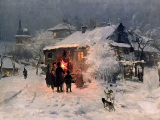 Cicha noc, historia kolędy. Grupa ludzi z gwiazdą na patyku idzie przez zasypaną śniegiem wieś.