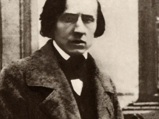 Portret Fryderyka Chopina w płaszczu i muszce. Zmarł, mając 39 lat.
