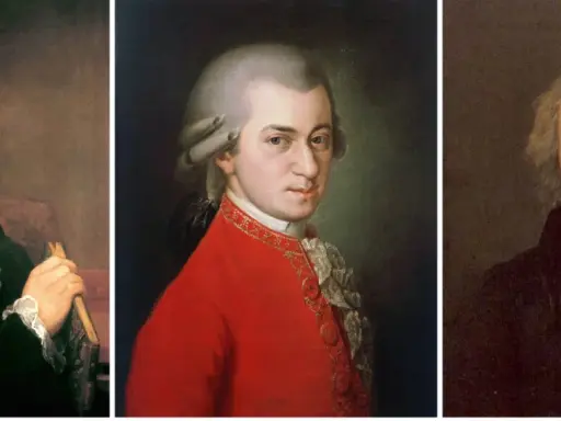Portrety kompozytorów klasycyzmu: Haydna, Mozarta i Beethovena. Trzech mistrzów muzyki w swoich najlepszych latach.