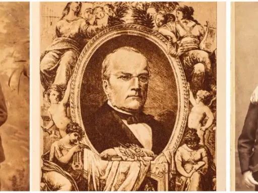 Portret Stanisława Moniuszki i jego dzieci. Trzy fotografie: dwoje dzieci, portret kompozytora w medalionie, troje dzieci z kobietą.