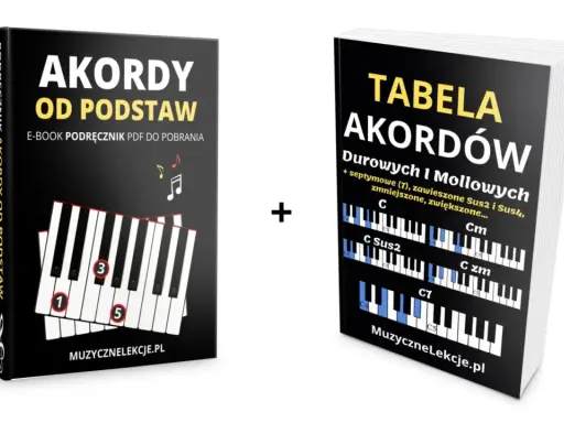 E-book "Akordy od podstaw" i "Tabela akordów" pokazują różne rodzaje akordów na klawiaturze fortepianu.