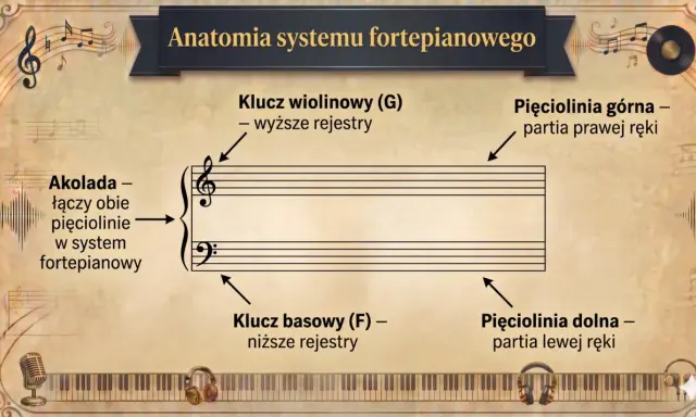 Klucz wiolinowy i basowy na pięcioliniach, połączone akoladą, ilustrują system fortepianowy.