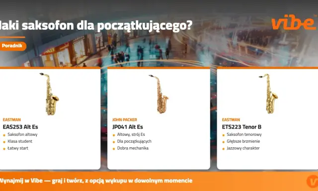 Poradnik prezentuje różne rodzaje saksofonów: altowy EAS253, altowy JP041 i tenorowy ETS223. Idealne dla początkujących.