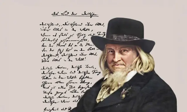 August Heinrich Hoffmann von Fallersleben, autor słów do hymnu Niemiec, na tle fragmentu swojego wiersza.