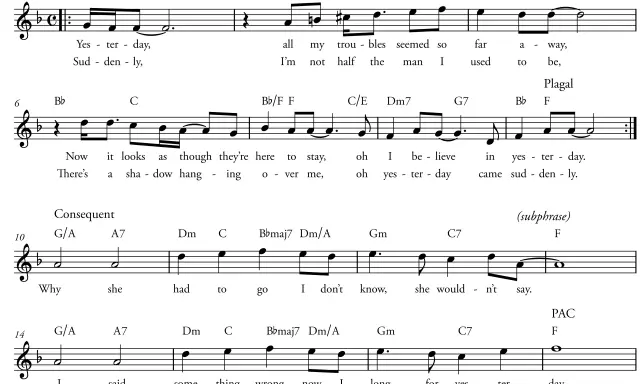 Fragment muzyczny z tekstem "Yesterday", zawierający kadencję plagalną.