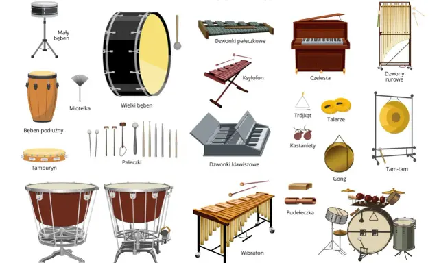Ilustracja przedstawia różnorodne instrumenty perkusyjne, od bębnów po dzwonki i kastaniety, tworząc bogactwo dźwięków.