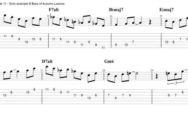 Fragment nutowy z tabulaturą gitarową, pokazujący frazę solową. Ćwiczenie na pentatonikę na gitarze.