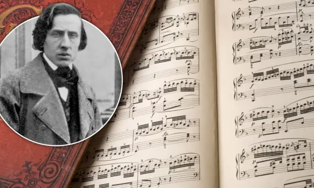 Portret Fryderyka Chopina obok nut. Kim był Fryderyk Chopin? Wielki kompozytor i pianista, którego muzyka wciąż porusza serca.