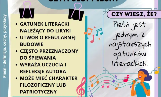 Cechy pieśni: gatunek liryczny, regularna budowa, często śpiewana, wyraża uczucia, może mieć charakter filozoficzny lub patriotyczny. Pieśń to jeden z najstarszych gatunków literackich.