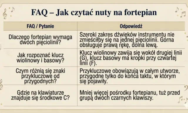 Tabela FAQ o czytaniu nut na fortepian. Wyjaśnia, dlaczego fortepian używa dwóch pięciolinii, jak rozpoznać klucze i czym różnią się znaki przykluczowe od przygodnych.