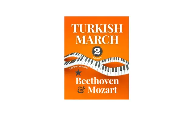 Okładka albumu "Turkish March" z motywem fortepianu. Zawiera utwory Beethovena i Mozarta.