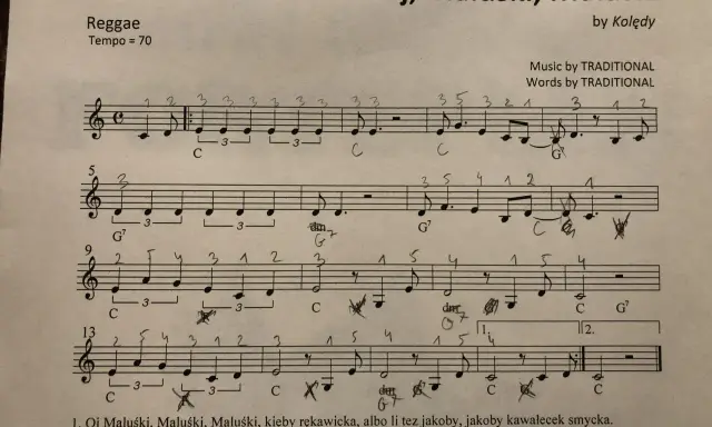 Nuty na keyboard do piosenki "Oj, Maluśki, Maluśki" w rytmie reggae.