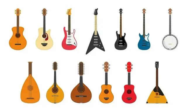 Różnorodne instrumenty strunowe: gitary akustyczne, elektryczne, basowe, banjo, lutnia, mandolina, balalajka.