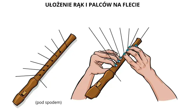 Ilustracja pokazuje, jak grać na flecie prostym. Dłonie z niebieskim lakierem do paznokci zakrywają otwory fletu, demonstrując ułożenie palców.