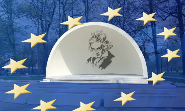 Beethoven, kompozytor Ody do radości, na tle sceny plenerowej otoczonej gwiazdami.