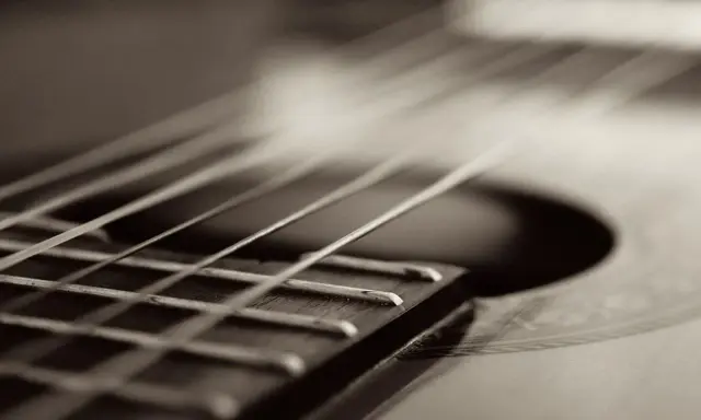 Zbliżenie na struny gitary, jakby grały melodię w stylu Claude'a Debussy'ego.