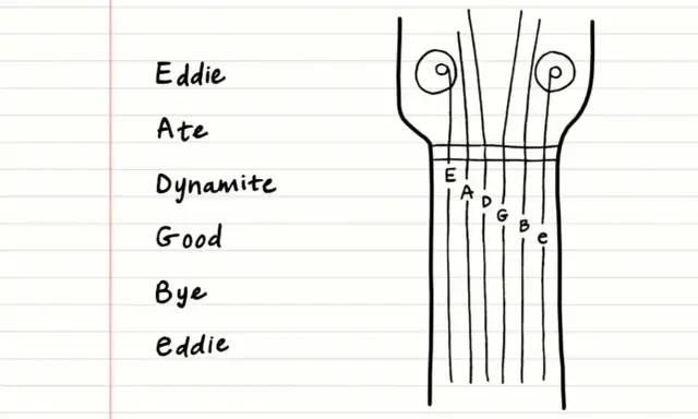 Schemat główki gitary z oznaczeniami strun: E, A, D, G, B, e. Pomocne w zapamiętywaniu: "Eddie Ate Dynamite, Good Bye Eddie".